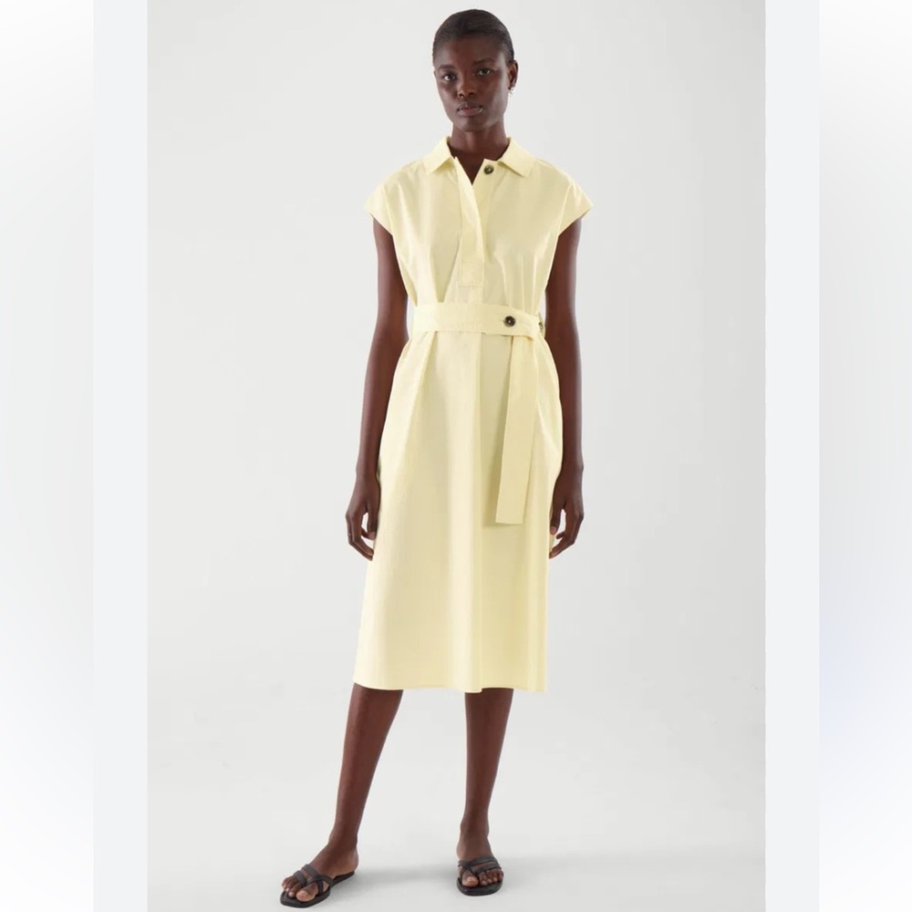 COS cotton delicate pretty Yellow Belted Midi Summer Dress Size 8